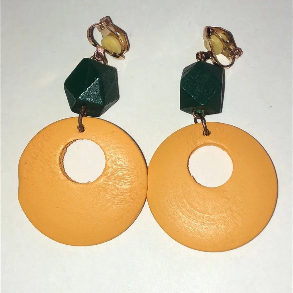 Orange and Green Wooden Geometric Earrings